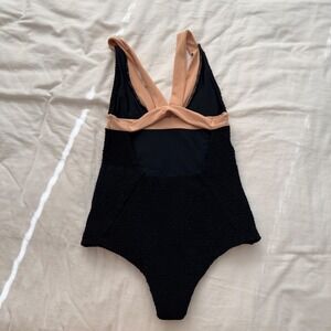 Tori Praver One Piece Swimsuit Black Peach Small Smocked Textured V-Neck Bali
